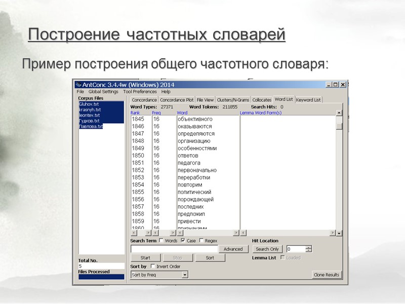 Пример построения общего частотного словаря: Построение частотных словарей